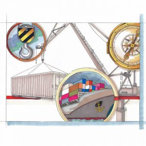 visual van een scheepswerf en schematische cirkels met afbeeldingen