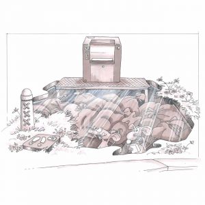 visual van een ondergrondse container met vuilnis en ratten