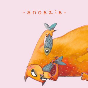 snoezie eet vis met een roze achtergrond