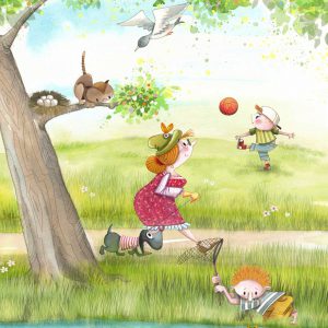 dame loopin in het park met hond terwijl poes in de boom de eieren uit het nest wil halen