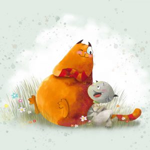 Poes en snoezie gezellig met de ruggen tegen elkaar zittend in het gras
